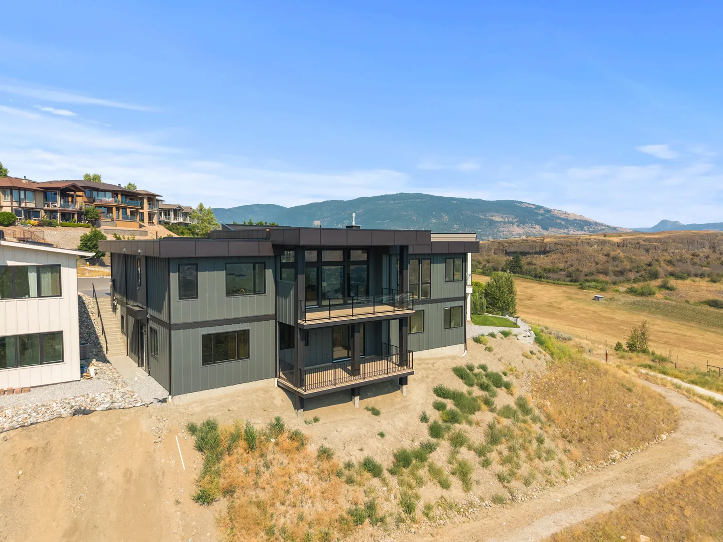 Aerial view of the walkout rear elevation and decks